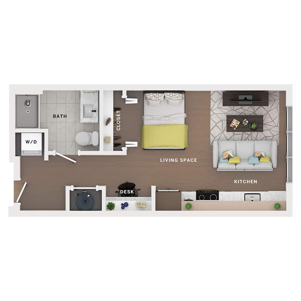 A 3D image of the Studio – Ascribe floorplan, a 437 squarefoot, 0 bed / 1 bath unit