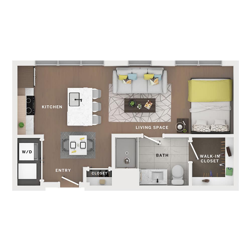 A 3D image of the Studio – Sloane floorplan, a 482 squarefoot, 0 bed / 1 bath unit