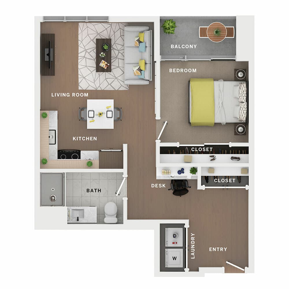 A 3D image of the 1BR/1BA – Boomtown floorplan, a 728 squarefoot, 1 bed / 1 bath unit