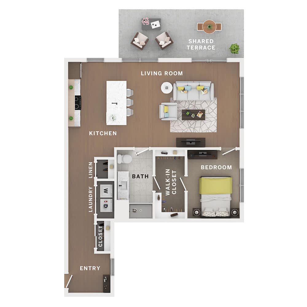 A 3D image of the 1BR/1BA – Envoi floorplan, a 960 squarefoot, 1 bed / 1 bath unit