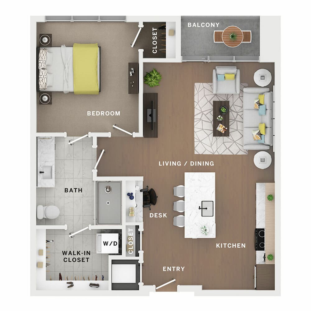 A 3D image of the 1BR/1BA – Findlay floorplan, a 833 squarefoot, 1 bed / 1 bath unit