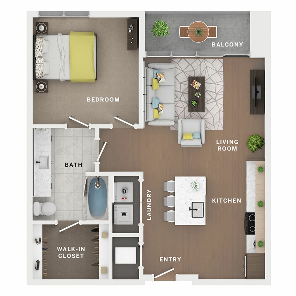 A 3D image of the 1BR/1BA – Fusian floorplan, a 750 squarefoot, 1 bed / 1 bath unit