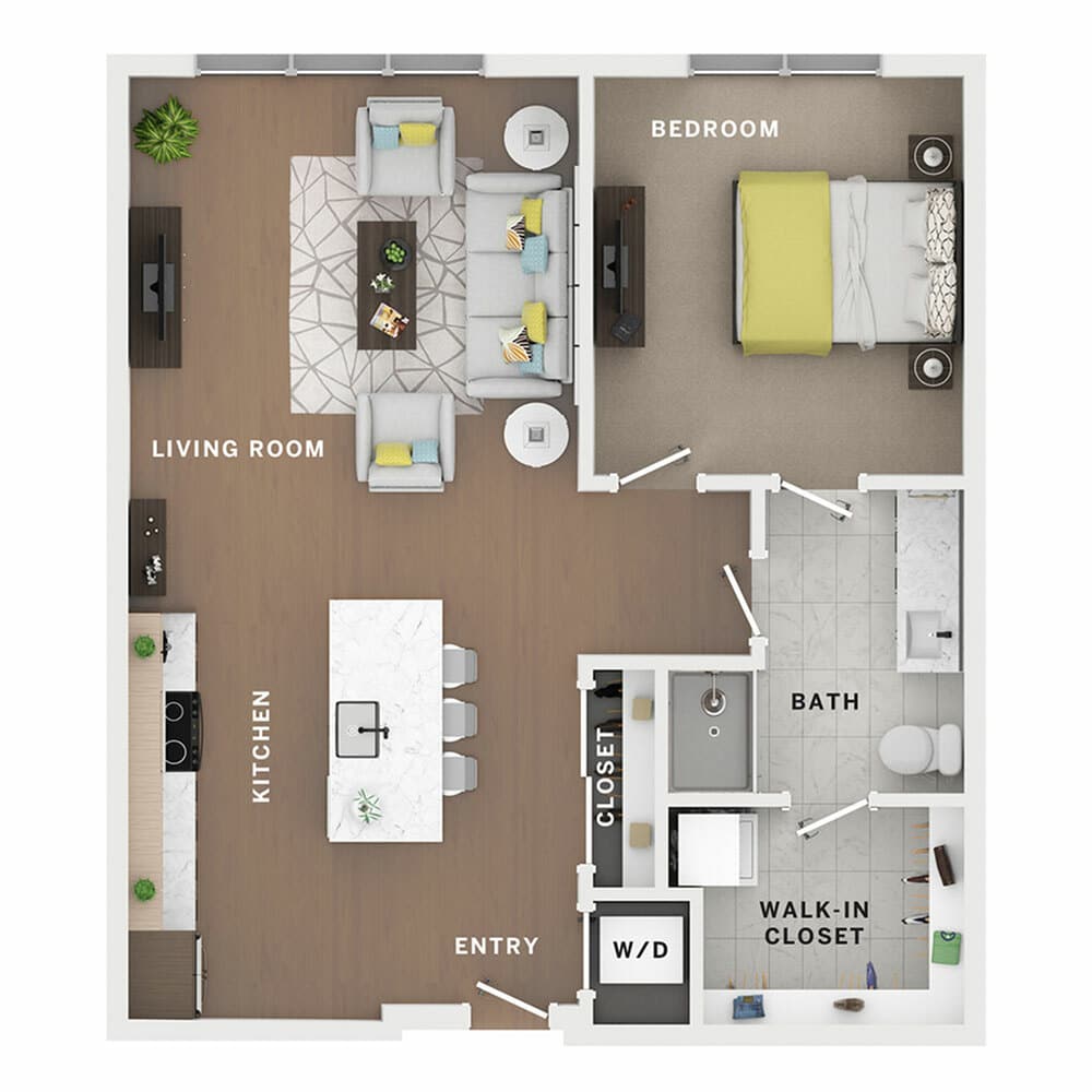 A 3D image of the 1BR/1BA – Homage floorplan, a 844 squarefoot, 1 bed / 1 bath unit