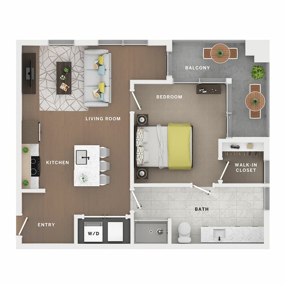 A 3D image of the 1BR/1BA – Mercer floorplan, a 779 squarefoot, 1 bed / 1 bath unit