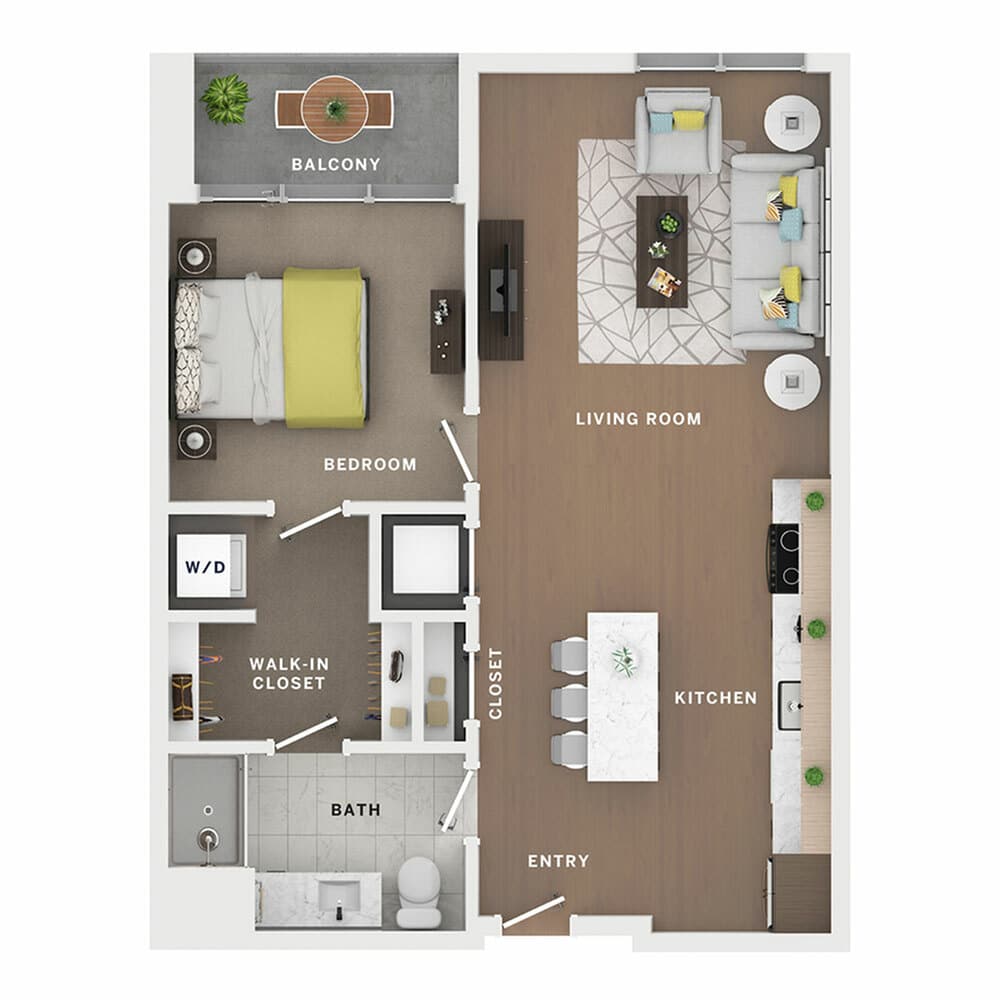 A 3D image of the 1BR/1BA – Mica floorplan, a 734 squarefoot, 1 bed / 1 bath unit