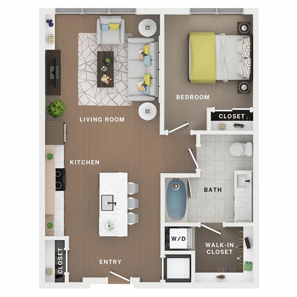 A 3D image of the 1BR/1BA – Native floorplan, a 742 squarefoot, 1 bed / 1 bath unit