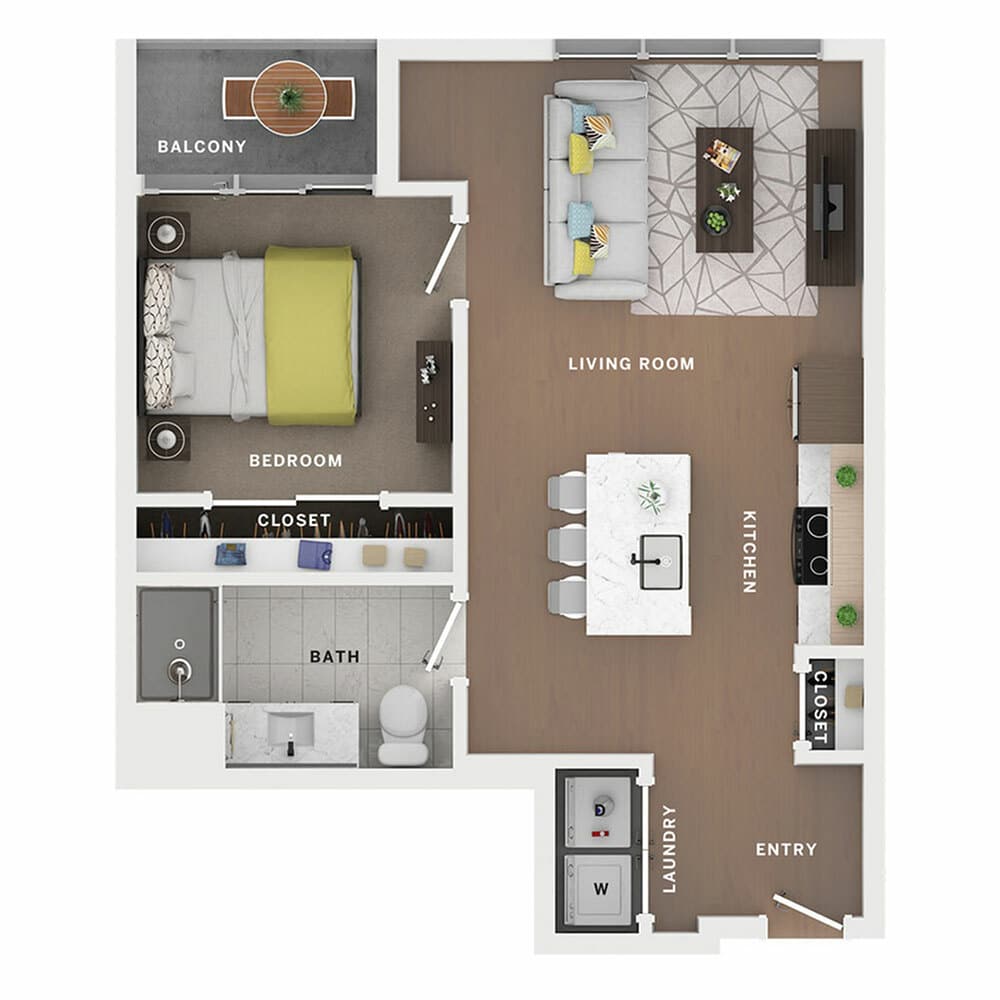 A 3D image of the 1BR/1BA – Pepp floorplan, a 725 squarefoot, 1 bed / 1 bath unit