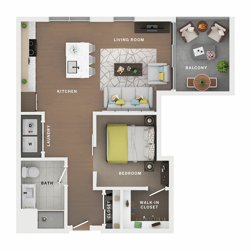 A 3D image of the 1BR/1BA – Saeso floorplan, a 743 squarefoot, 1 bed / 1 bath unit