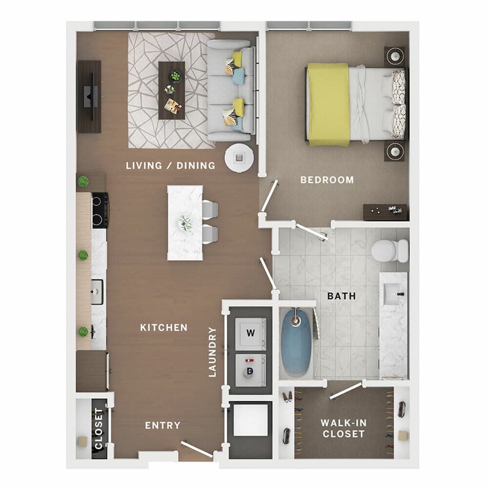 A 3D image of the 1BR/1BA – Sophia floorplan, a 742 squarefoot, 1 bed / 1 bath unit