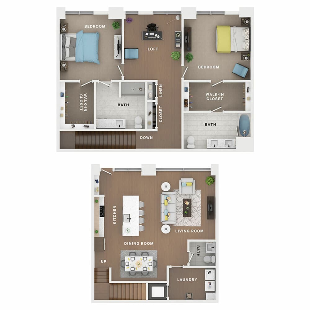 A 3D image of the 2BR/2.5BA Townhome – Eagle floorplan, a 2030 squarefoot, 2 bed / 2.5 bath unit