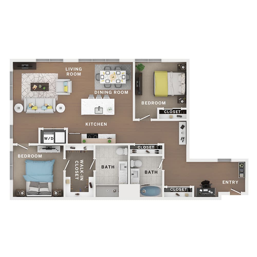 A 3D image of the 2BR/2BA – Aladdin floorplan, a 1345 squarefoot, 2 bed / 2 bath unit