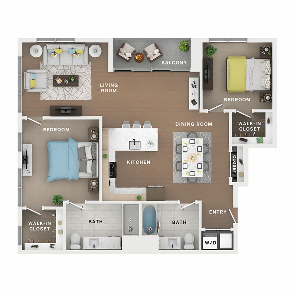 A 3D image of the 2BR/2BA – Bakersfield floorplan, a 1336 squarefoot, 2 bed / 2 bath unit