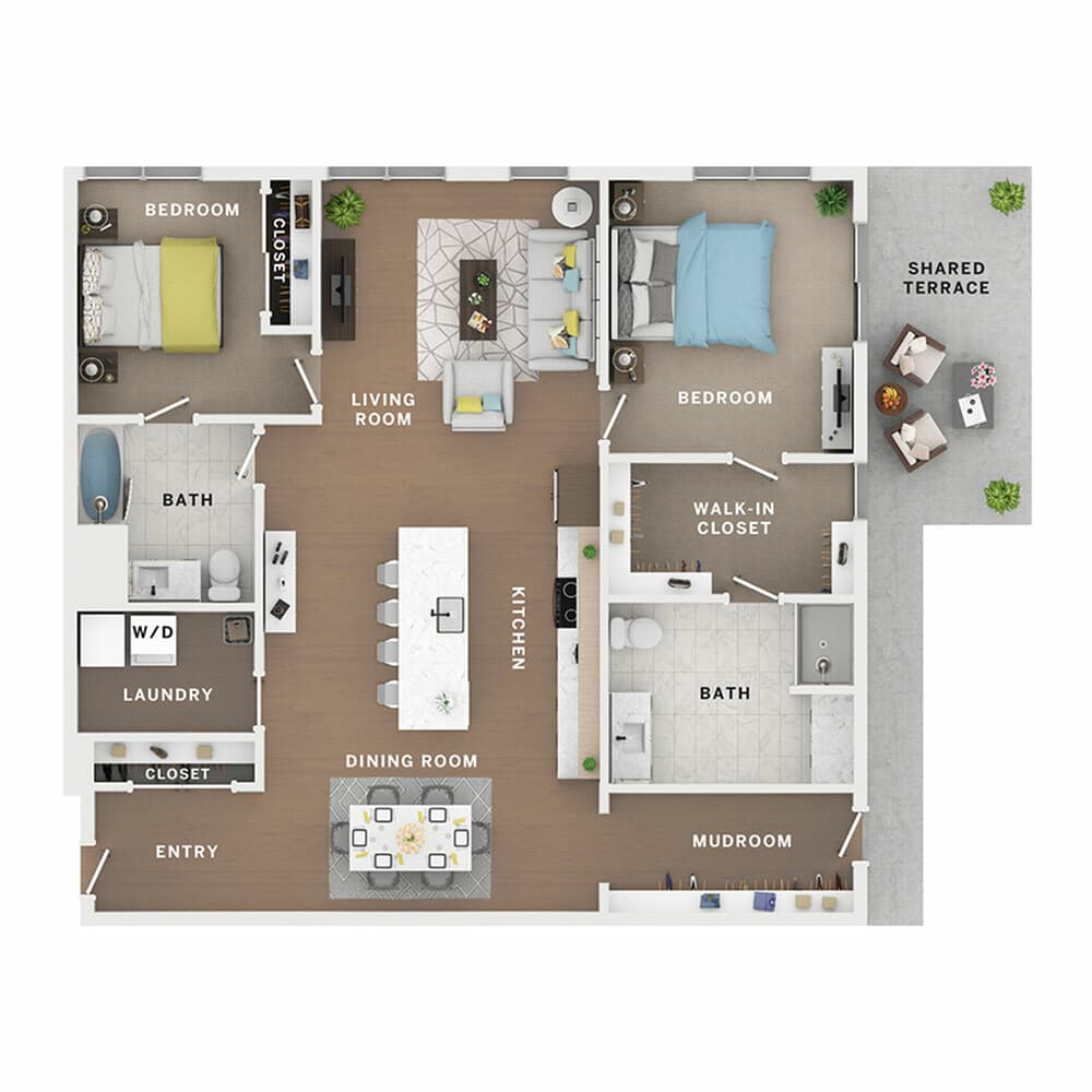 A 3D image of the 2BR/2BA – Brandery floorplan, a 1492 squarefoot, 2 bed / 2 bath unit