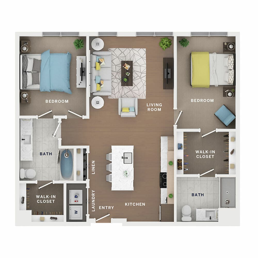 A 3D image of the 2BR/2BA – Bridges floorplan, a 1107 squarefoot, 2 bed / 2 bath unit