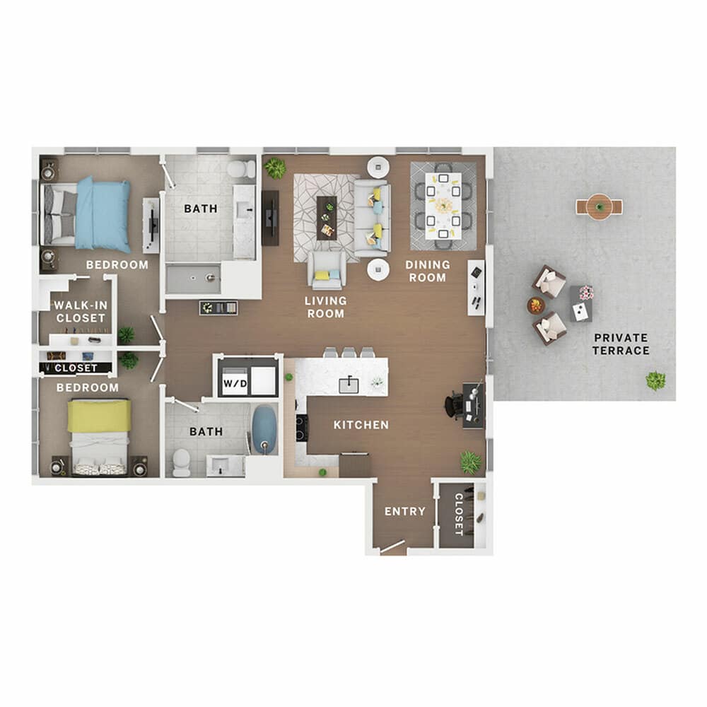 A 3D image of the 2BR/2BA – Che floorplan, a 1368 squarefoot, 2 bed / 2 bath unit