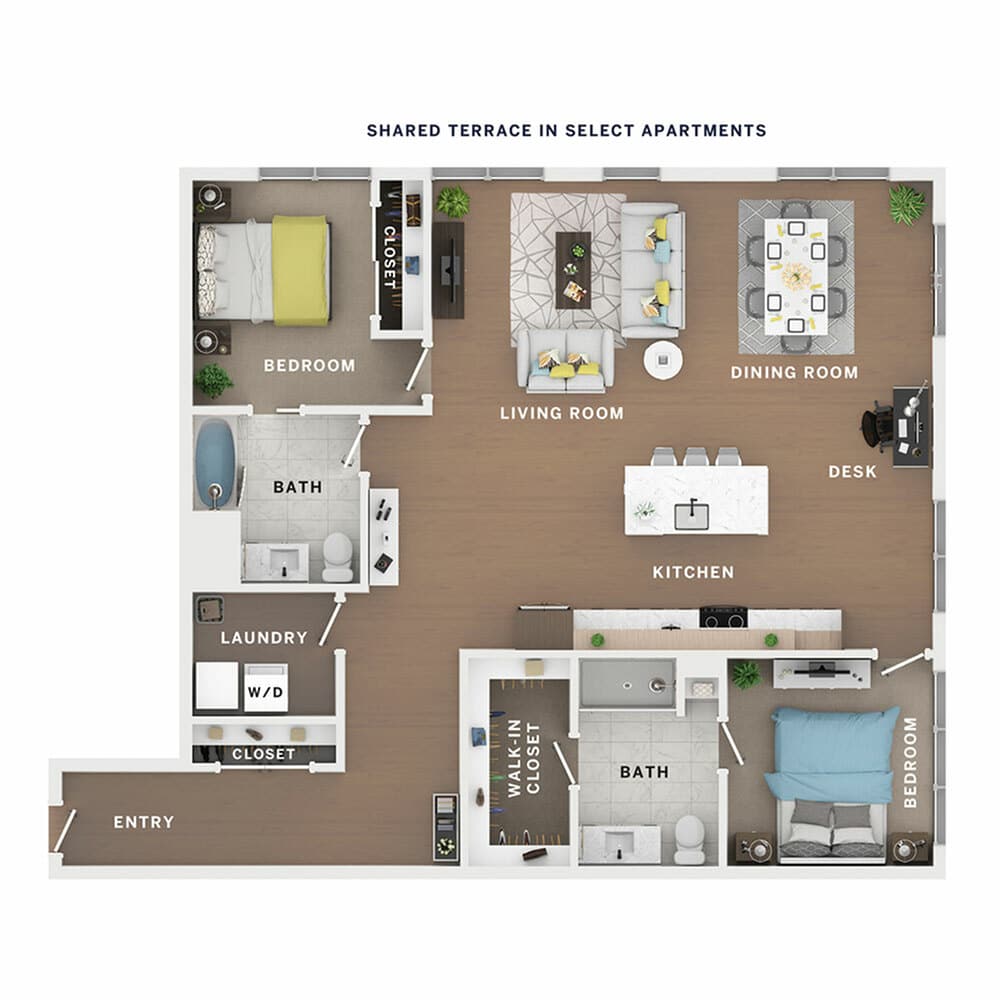 A 3D image of the 2BR/2BA – Differential floorplan, a 1517 squarefoot, 2 bed / 2 bath unit