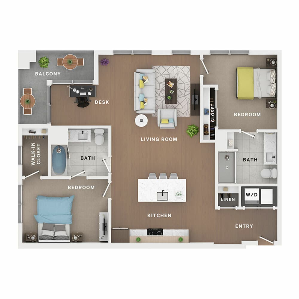 A 3D image of the 2BR/2BA – Empower floorplan, a 1255 squarefoot, 2 bed / 2 bath unit