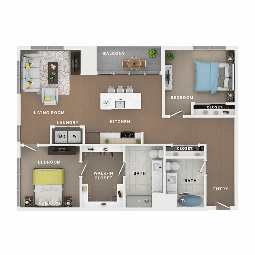 A 3D image of the 2BR/2BA – Nicholson floorplan, a 1262 squarefoot, 2 bed / 2 bath unit