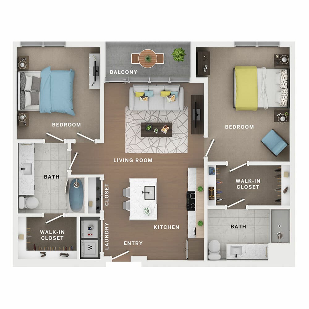 A 3D image of the 2BR/2BA – Nicola floorplan, a 1207 squarefoot, 2 bed / 2 bath unit