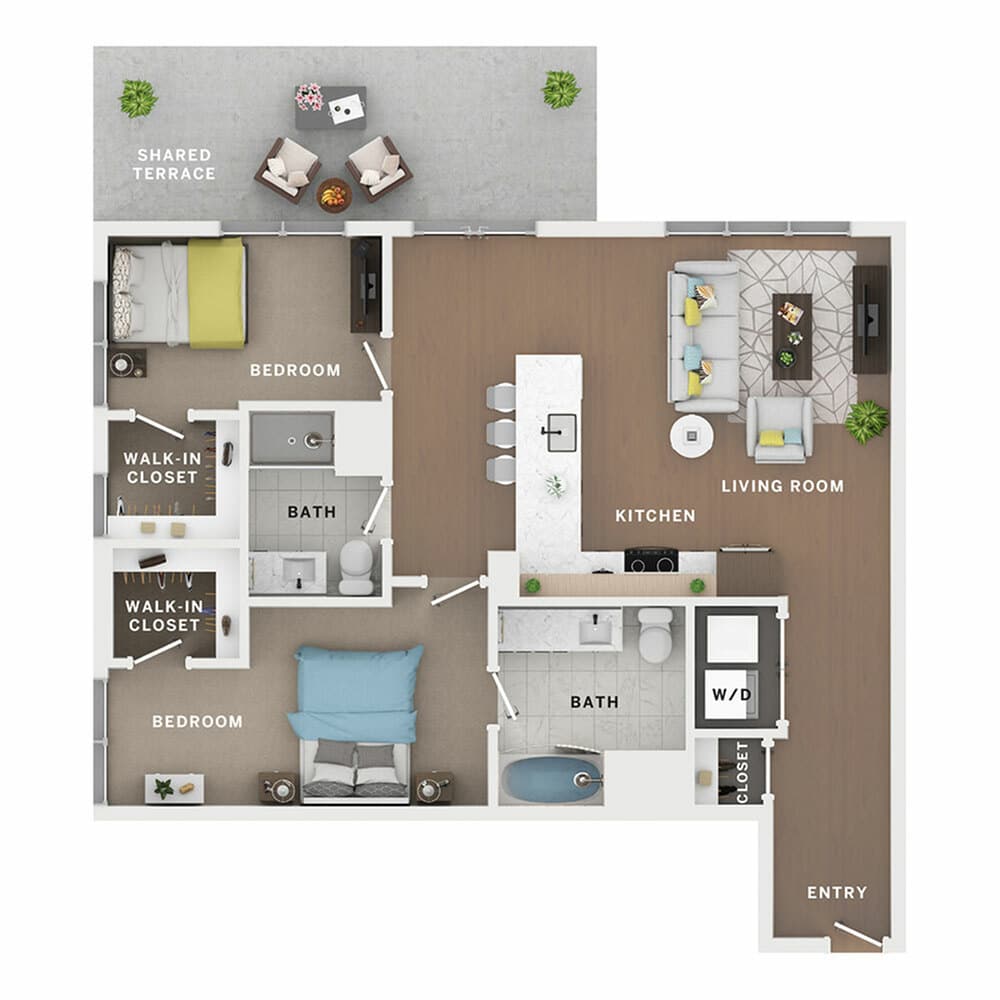 A 3D image of the 2BR/2BA – Pixaura floorplan, a 1090 squarefoot, 2 bed / 2 bath unit