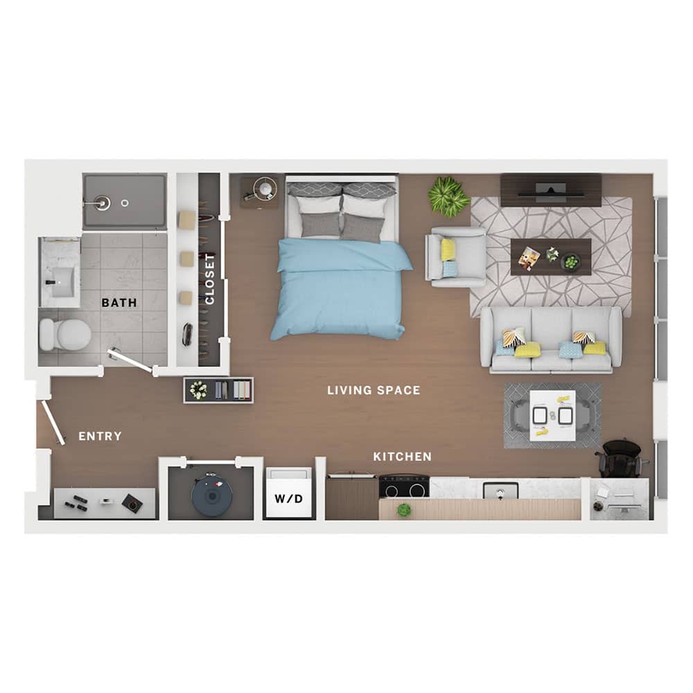 A 3D image of the Studio – Collective floorplan, a 541 squarefoot, 0 bed / 1 bath unit