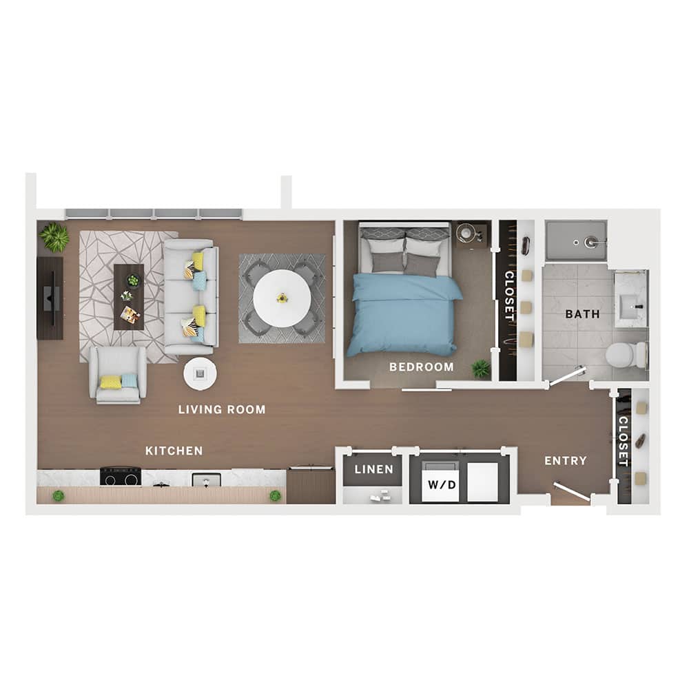 A 3D image of the 1BR/1BA – Senate floorplan, a 696 squarefoot, 1 bed / 1 bath unit