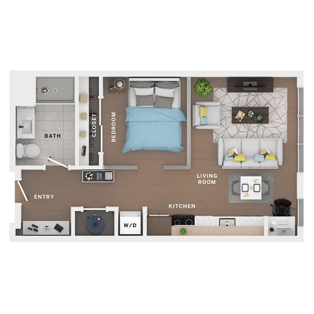 A 3D image of the 1BR/1BA – Urbana floorplan, a 541 squarefoot, 1 bed / 1 bath unit