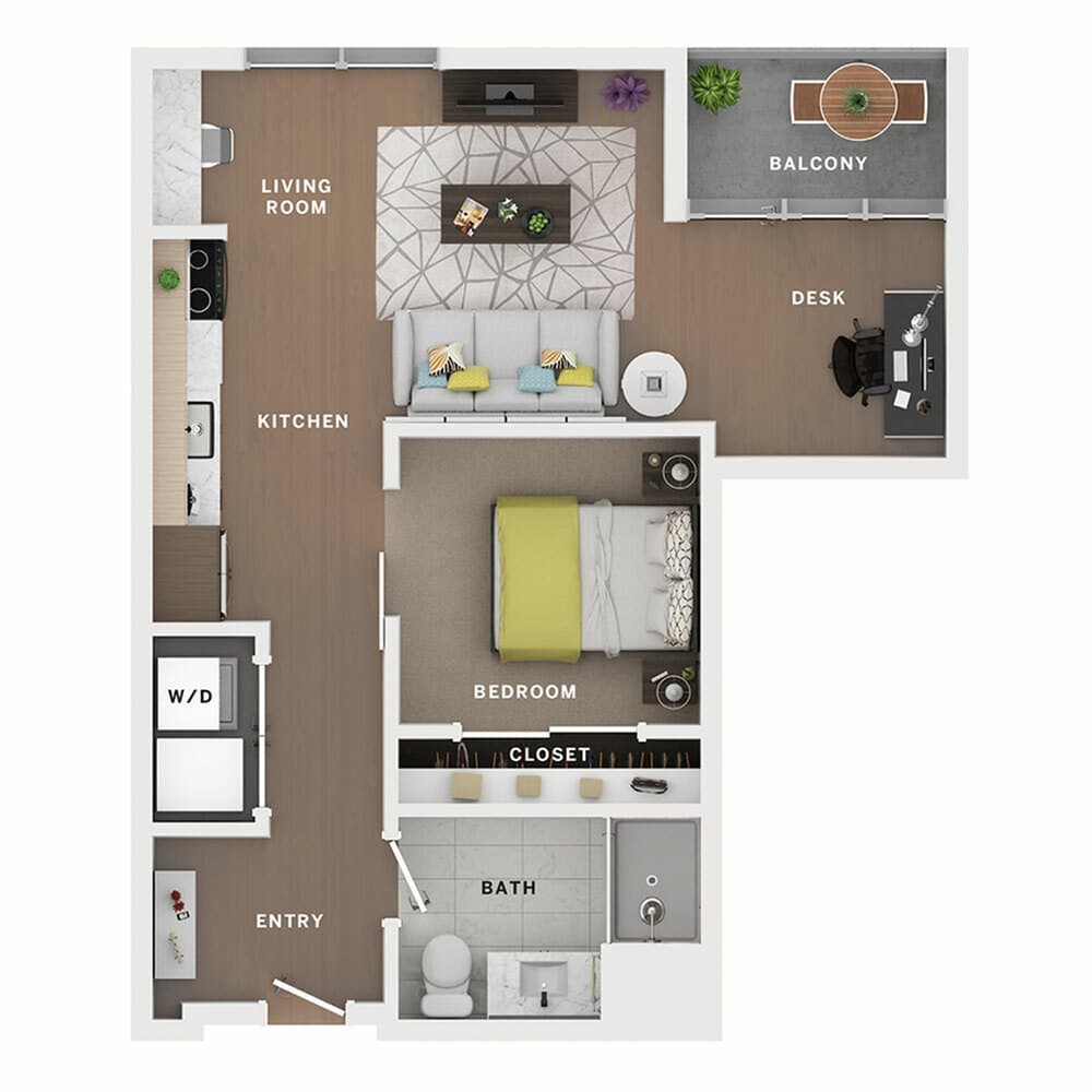 A 3D image of the 1BR/1BA – Losanti floorplan, a 665 squarefoot, 1 bed / 1 bath unit